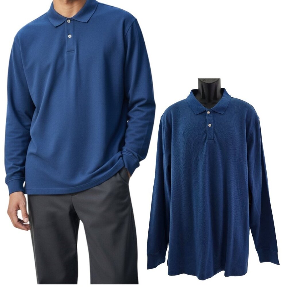 George Cotton Pique Blue Long Sleeve Polo Shirt – Size 2XL or 3XL